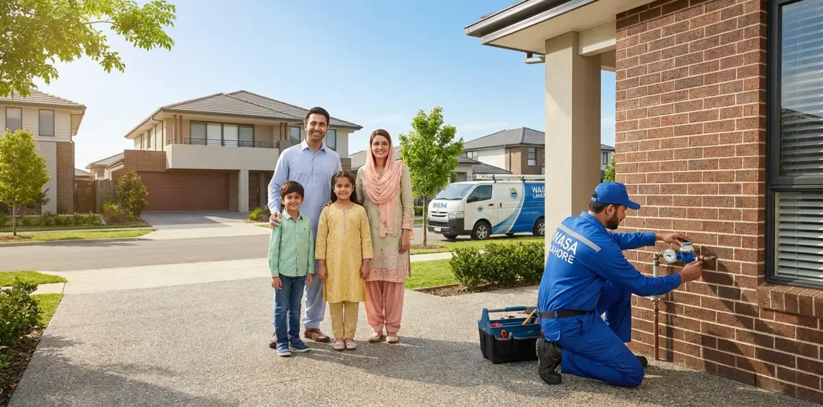 WASA Connection Lahore You said A Pakistani family standing outside their modern Lahore home while a WASA technician in uniform is installing a water meter on the exterior wall, suburban Lahore neighborhood background, bright sunny day, photorealistic style, professional service scene