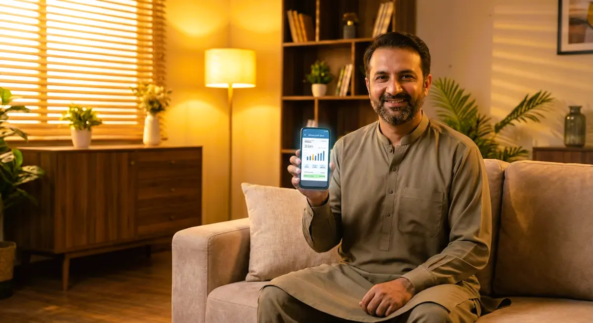 A Pakistani man sitting comfortably at home checking electricity bill online on a smartphone, bright modern living room interior, electricity bill displayed on phone screen, warm lighting, photorealistic style, no text on image