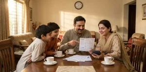 inverter AC actual saving A middle-class Pakistani family sitting together at a dining table reviewing their electricity bills, father pointing at numbers on LESCO bill, mother using calculator, relief and satisfaction visible on faces, cozy home interior, natural window light, photorealistic