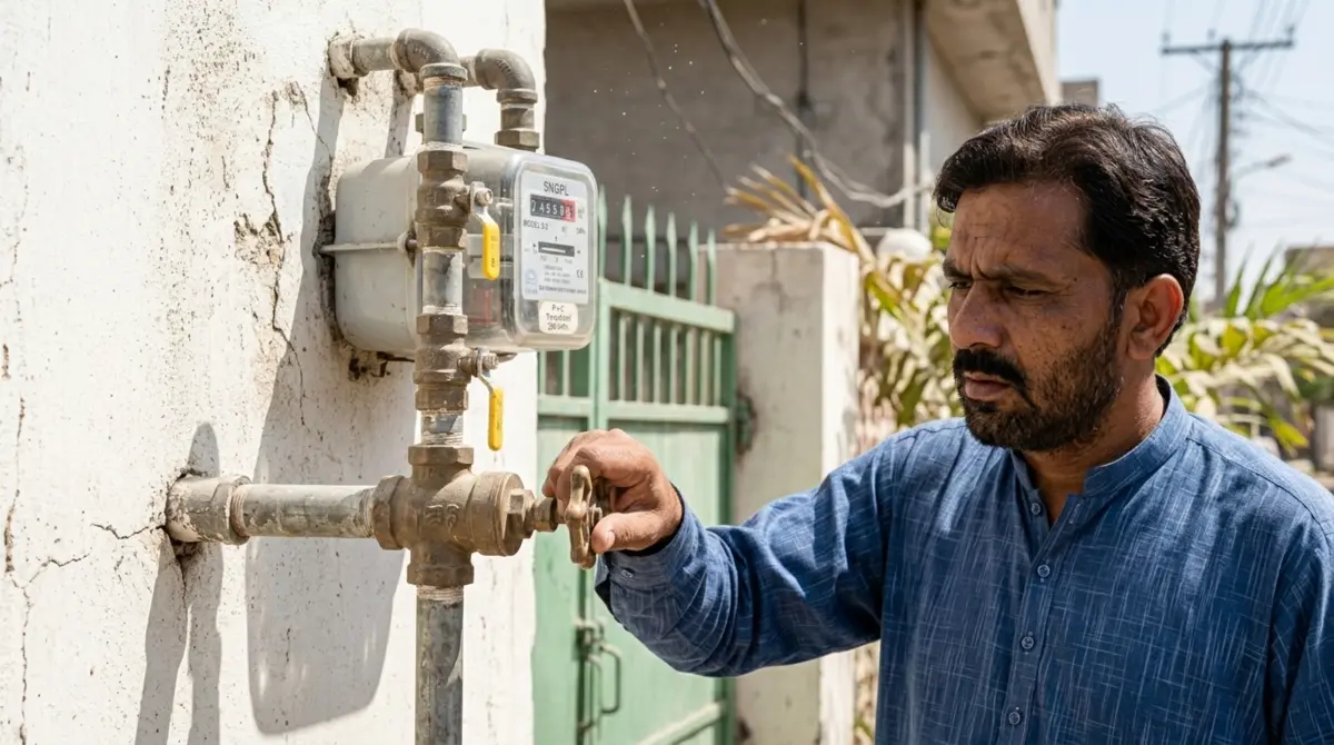 low gas pressure regulator clean sngpl ssgc Pakistani man checking main gas valve position near meter, hand on valve handle showing whether it's open or closed, residential exterior setting, gas meter and pipes visible in frame, troubleshooting action scene, natural outdoor lighting, photorealistic documentation style