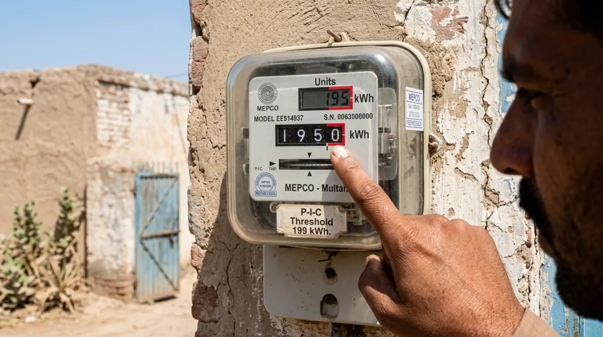 multan unit rates meter reading Close up shot of Pakistani household electricity meter showing reading at exactly 195 units, someone's hand pointing at the numbers with concern, mounted on exterior wall of southern Punjab home, bright daylight, photorealistic detail shot emphasizing the critical threshold number