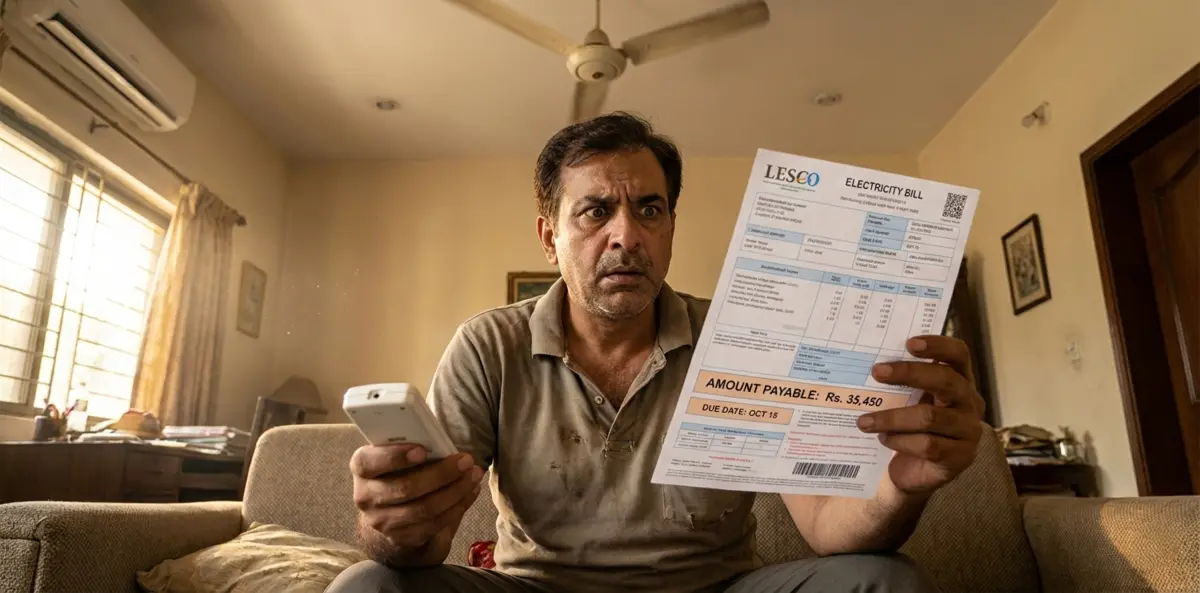 reduce electricity bill in summer. You said A worried Pakistani man holding a high electricity bill with shocked expression, LESCO or K-Electric bill clearly showing large amount, sitting in a hot living room with AC remote in other hand, ceiling fan visible above, photorealistic emotional scene, warm indoor lighting