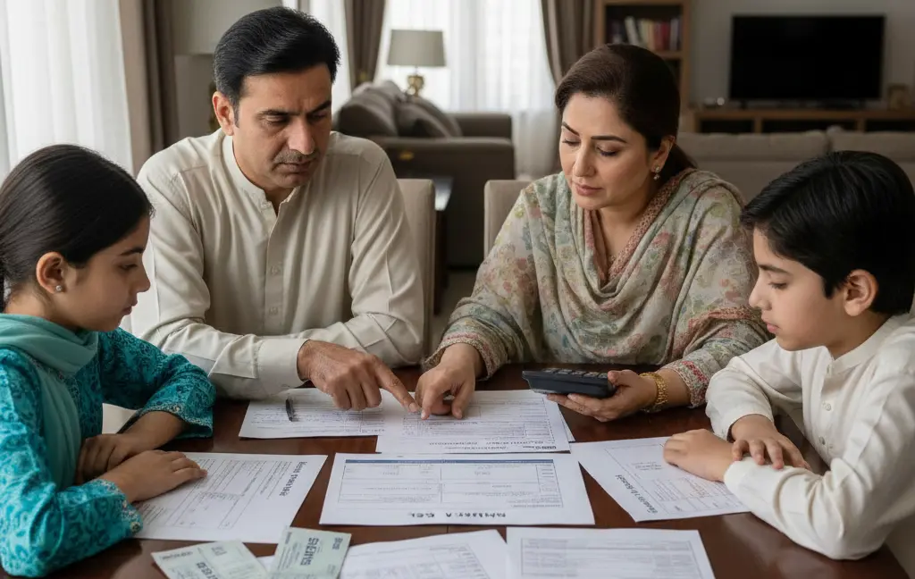 sngpl new connection guide A Pakistani family in Lahore or Islamabad looking at SNGPL gas connection documents and bills on dining table, comparing natural gas vs RLNG options, calculator and paperwork visible, modern middle-class home interior, natural window lighting, photorealistic lifestyle
