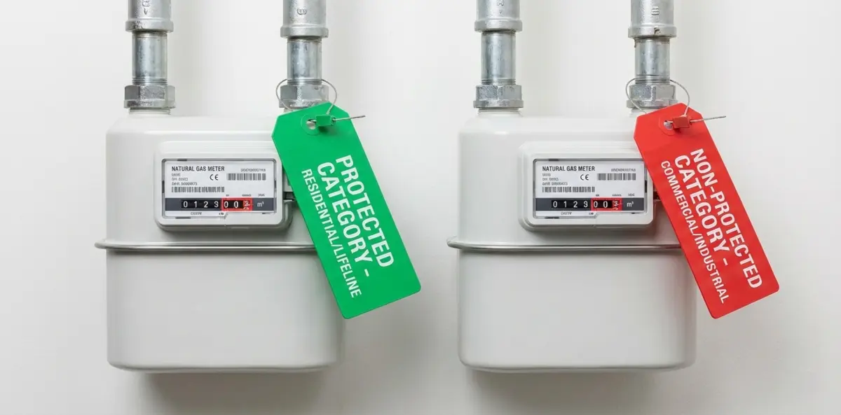 sngpl protected and non protected category Two different gas meters mounted on walls side by side for comparison, one labeled with a green tag representing protected category and another with a red tag for non-protected category