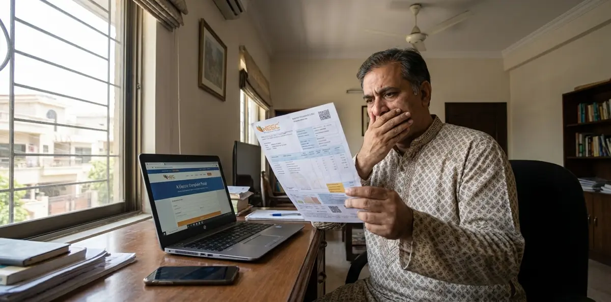 wrong k-electric bill feature image You said A frustrated Pakistani man in Karachi sitting at home desk holding a K-Electric bill with shocked expression, laptop open showing K-Electric website complaint portal, mobile phone nearby, modern middle-class Pakistani home interior, natural lighting through window, photorealistic lifestyle shot