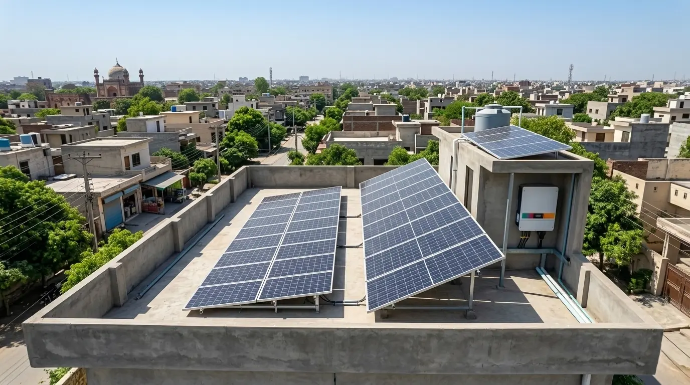 CM Punjab Solar Scheme 2026 A wide-angle professional photograph of a typical Pakistani middle-class house rooftop in Lahore with newly installed solar panels, clear blue Punjab sky, residential neighborhood visible in background, clean modern solar installation, bright natural sunlight, photorealistic architectural photography style, editorial quality, no people visible, daytime shot