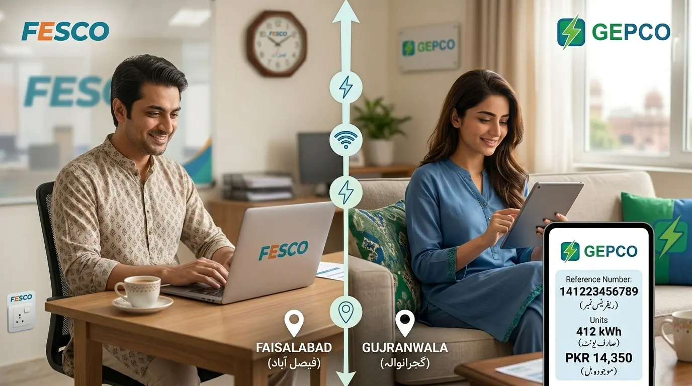 fesco bill online check faisalabad split-screen realistic illustration comparing two scenes: Left side shows a person in Faisalabad (with subtle FESCO branding) checking their electricity bill on a laptop, Right side shows someone in Gujranwala (with GEPCO elements) also checking their bill on a tablet. Both people look satisfied and relaxed in typical Pakistani home settings. Between them, show a subtle dividing line with small icons representing electricity (lightning bolt), digital access (wifi symbol), and location markers for Faisalabad and Gujranwala. Color scheme: Left side has FESCO's brand colors (blues/teals), right side has GEPCO's colors (greens/blues), creating a visual distinction. Natural indoor lighting, warm and welcoming atmosphere. Both screens clearly show bill checking interfaces with 14-digit reference numbers visible. Style: photorealistic with soft focus on backgrounds, sharp focus on people and devices. Horizontal composition showing regional utility services working similarly across Punjab