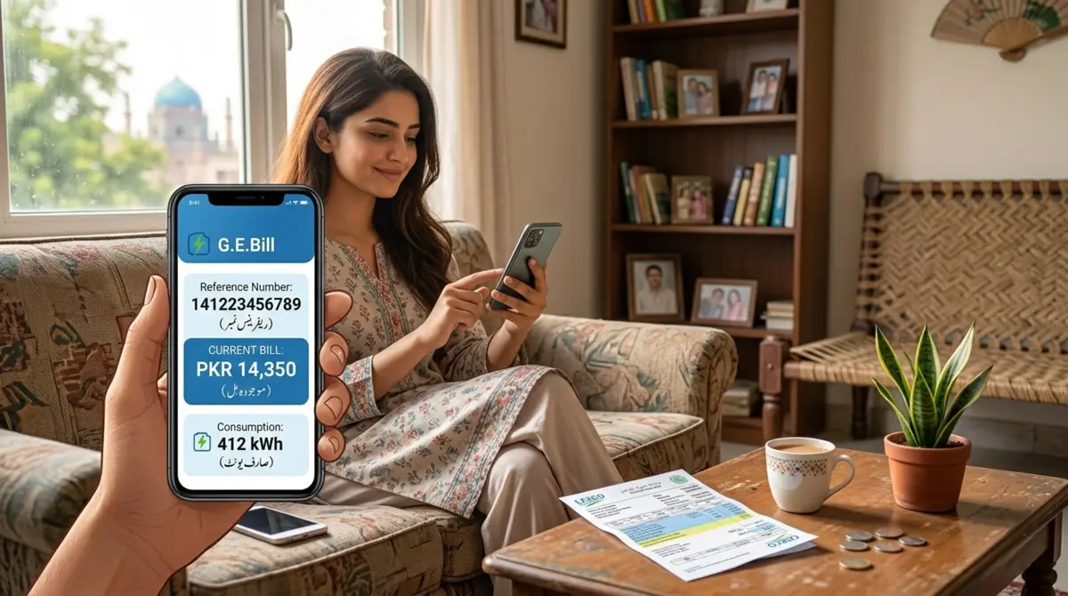 gepco online bill check on mobile realistic photo-style illustration showing a young Pakistani person (male or female, casual clothing like shalwar kameez or jeans and kurta) sitting comfortably on a home sofa, smiling while checking their GEPCO electricity bill on a smartphone. The phone screen clearly displays a GEPCO bill with visible reference number and charges. On the coffee table in front, show a physical GEPCO bill paper, a cup of chai, and maybe a small plant. Background shows a typical Pakistani middle-class home interior with warm lighting from a window. Natural, candid photography style rather than overly posed. Colors should be warm and inviting with GEPCO's green/blue branding visible on the phone screen. The mood is relaxed and convenient, showing how easy it is to check bills from home. Photorealistic rendering with soft focus on background, sharp focus on person and phone.