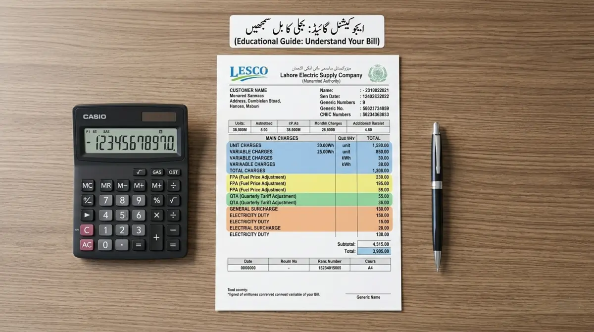 lesco bill surcharge explained A professional clean photograph of an actual printed LESCO electricity bill placed on a wooden office desk with sections highlighted in different colors (base charges in blue, FPA in yellow, QTA in green, surcharges in orange), calculator and pen beside it, overhead flat lay shot, bright natural window lighting, photorealistic educational documentation style, no people visible 16:9