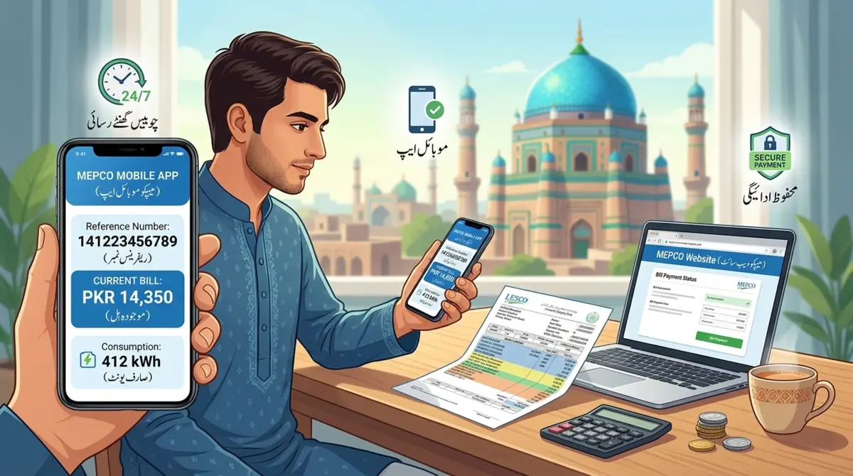 mepco online bill check on mobile professional horizontal illustration (1200x600 pixels) showing a Pakistani person using a smartphone to check MEPCO electricity bill. The phone screen displays a clear MEPCO bill interface with consumption units, charges, and a prominent reference number. On a desk beside the phone, include a physical MEPCO electricity bill, a laptop showing the MEPCO website, and a cup of chai. Background features subtle elements of Multan cityscape including the famous blue dome of Multan's shrines in soft focus. Color scheme: MEPCO brand colors with blues, greens, and white. Include small icons floating around representing 24/7 access (clock icon), mobile app (smartphone icon), and secure payment (lock/shield icon). Modern flat design illustration style with clean lines, professional and trustworthy appearance. Natural lighting suggesting daytime productivity.