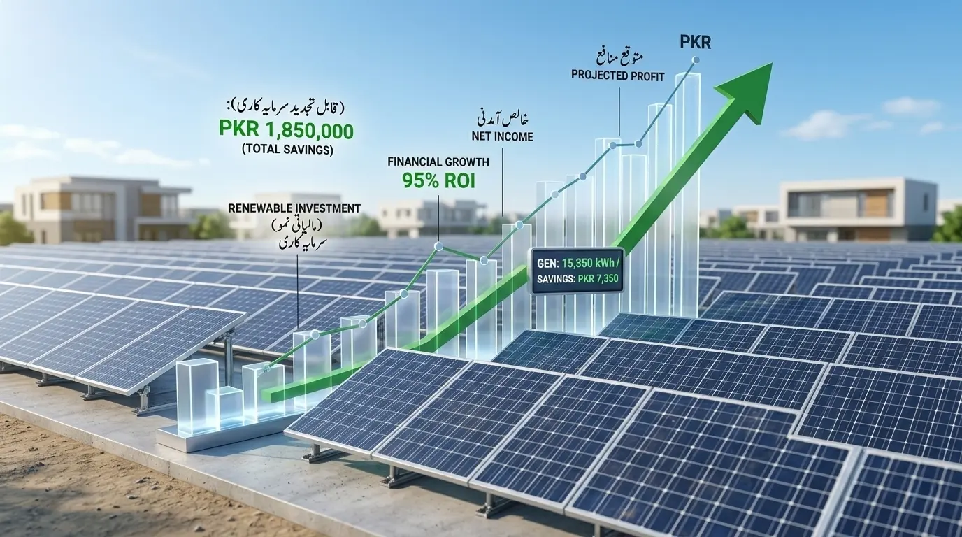 solar roi panel investment profit loss conceptual realistic image showing solar panels combined with financial growth chart rising upward, renewable energy investment success concept, professional lighting, modern eco friendly theme